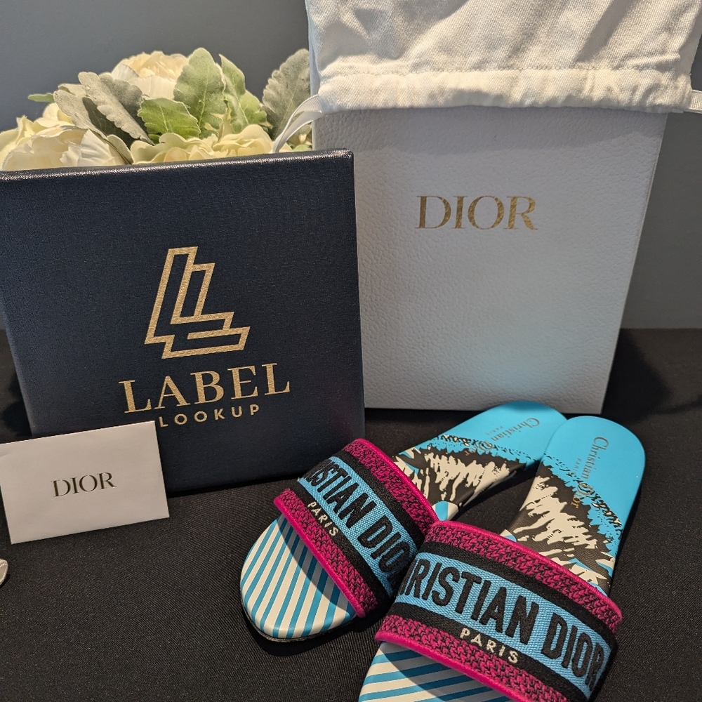 Dior Blue, Pink and Black Logo Slide Sandals - Picture 2 of 5